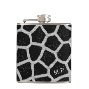 Black and White Giraffe Print Monogram Hip Flask