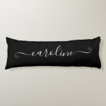 Black and White Girly Signature Body Pillow<br><div class="desc">A black and white curly swash signature name for her on a long body pillow.
The modern girly signature features an elegant calligraphy font with decorative tails. 
Customize the font style to create your own bedding for your daughter's back-to-school gift.</div>