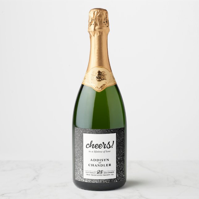 Black and White Glam Chic Modern Wedding Glitter   Sparkling Wine Label (Front)