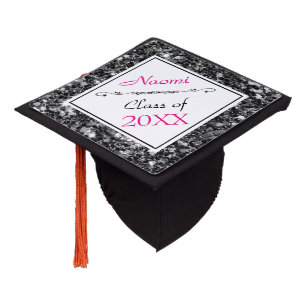 Black And White Glitter And Pink Graduation Cap Topper