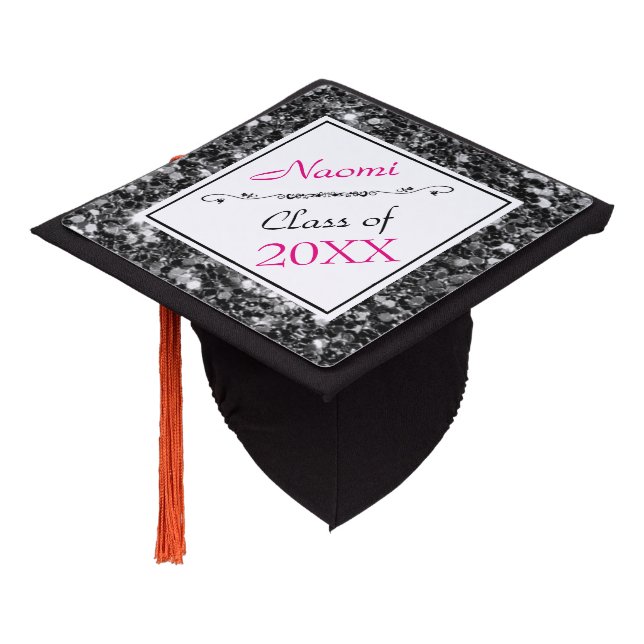 Black And White Glitter And Pink Graduation Cap Topper (Angled)