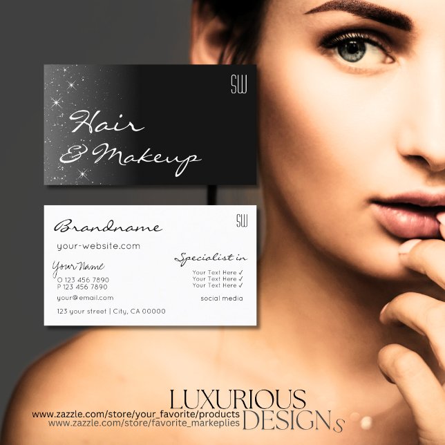 Black and White Glitter Stars with Monogram Modern Business Card (Creator Uploaded)