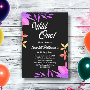Black And White Glow Neon Floral 1st Birthday Invitation