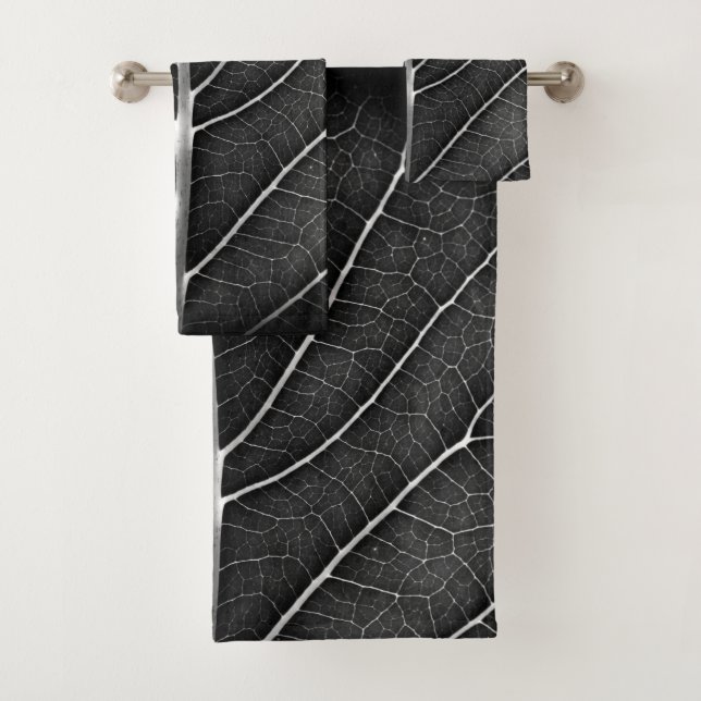 Black and white glowing leaf close-up bath towel set (Insitu)