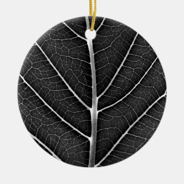 Black and white glowing leaf close-up ceramic ornament (Front)