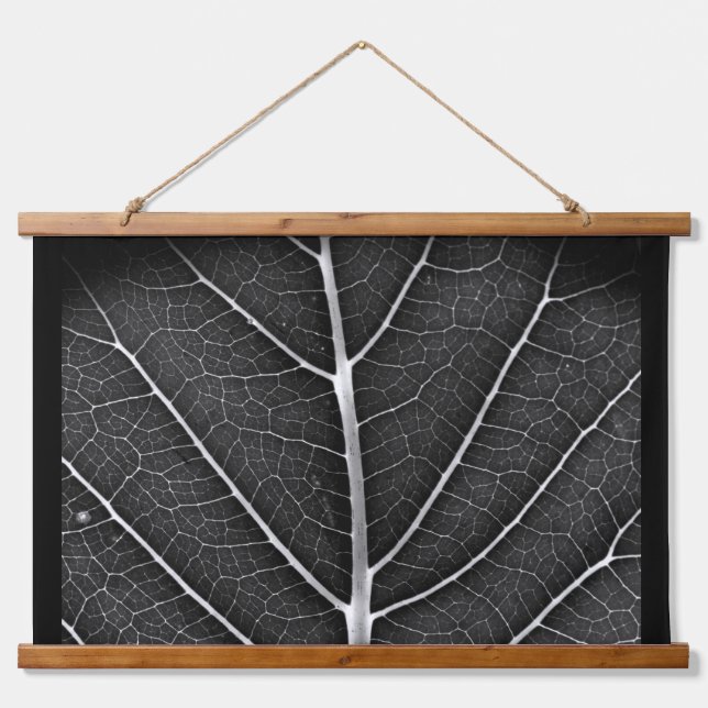 Black and white glowing leaf close-up hanging tapestry (Front)