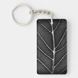 Black and White Glowing Leaf Close-Up Keychain