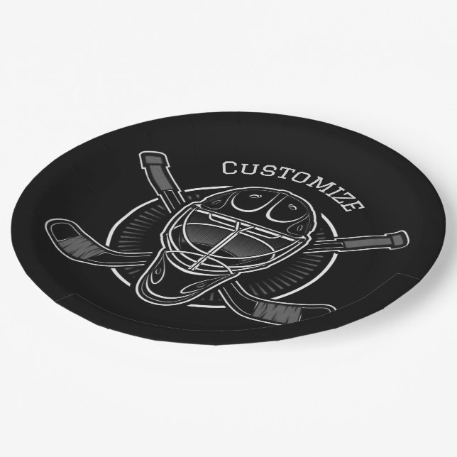 Black And White Goalie Mask Paper Plate (Angled)