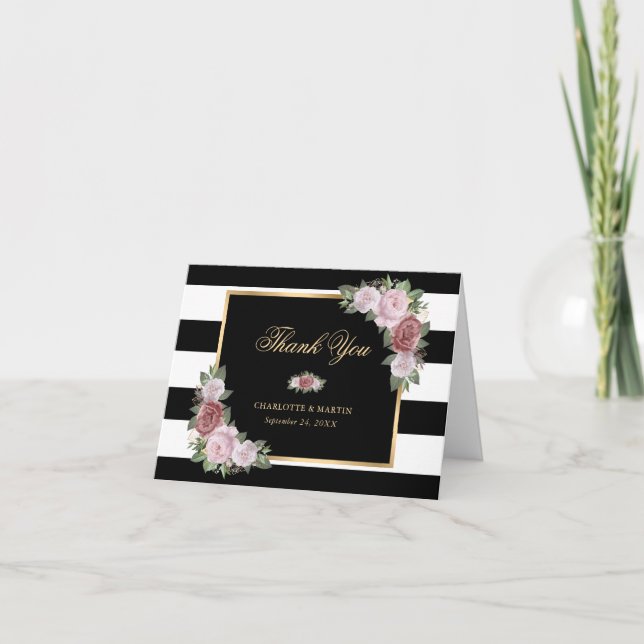 Black and White Gold Blush Floral Thank You Card (Front)