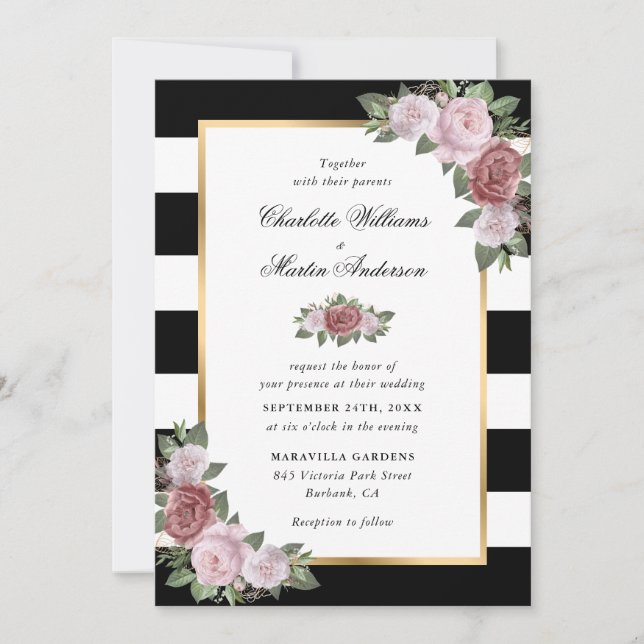 Black and White Gold Blush Pink Floral Wedding Invitation (Front)