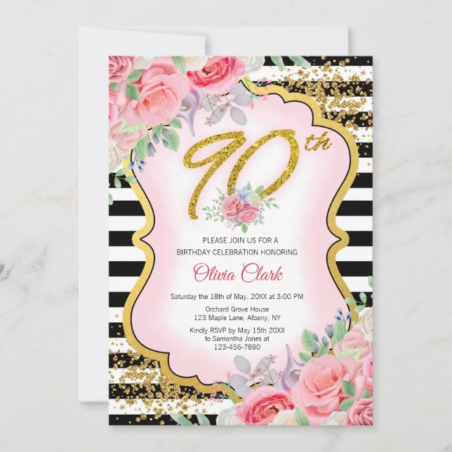 Black and White Gold Confetti Floral 90th Birthday Invitation (Front)