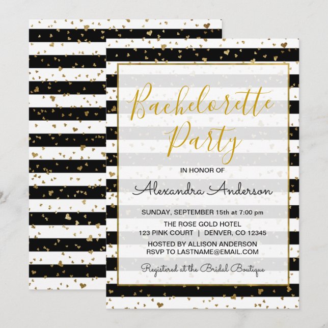 Black and White Gold Foil Hearts Bachelorett Party Invitation (Front/Back)