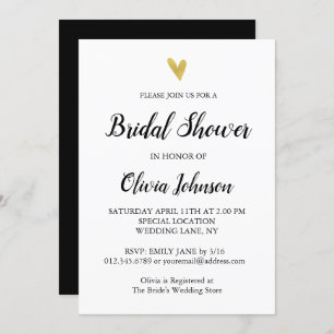 Black and White   Gold Heart Bridal Shower Invitation