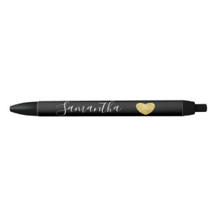 Black and White Gold Heart Personalized Name Black Ink Pen
