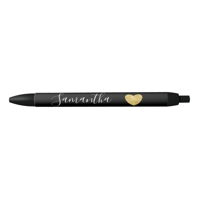 Black and White Gold Heart Personalized Name Black Ink Pen (Front)