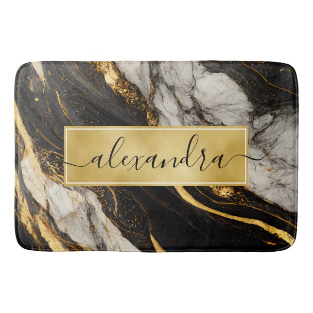 Black and White Gold Marble Modern Elegant Bath Mat (Front)