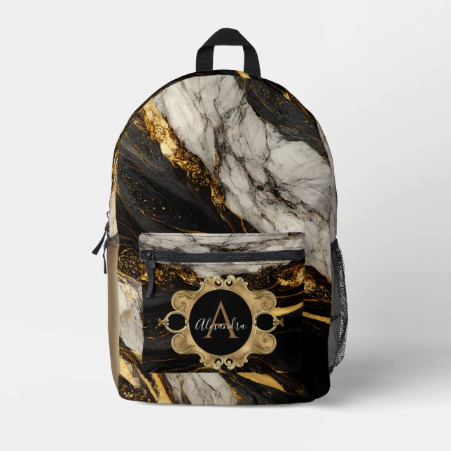 Black and White Gold Marble Modern Stone Printed Backpack (Front)