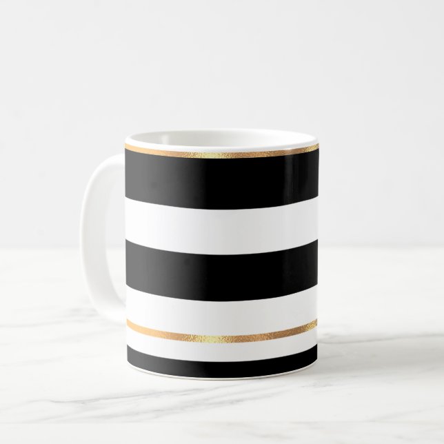 Black and White Gold Rimmed Coffee Mug (Front Left)