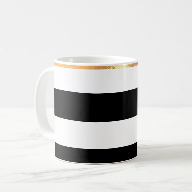 Black and White Gold Rimmed Coffee Mug (Front Left)