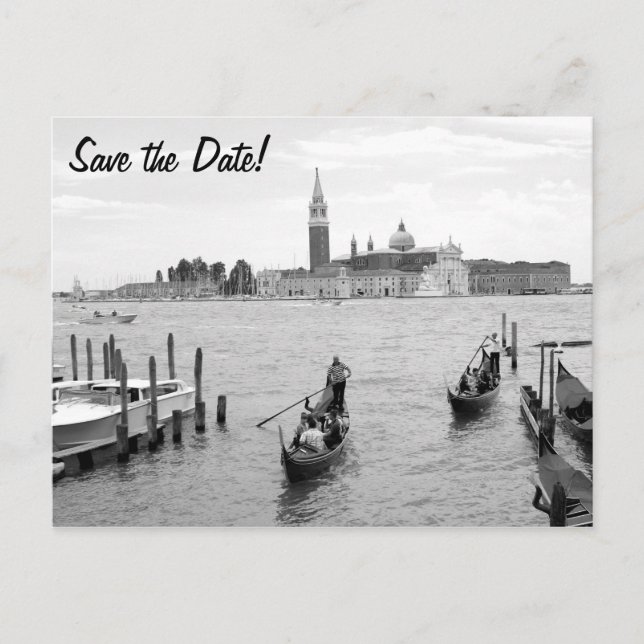 Black and white Gondolier in Venice Announcement Postcard (Front)