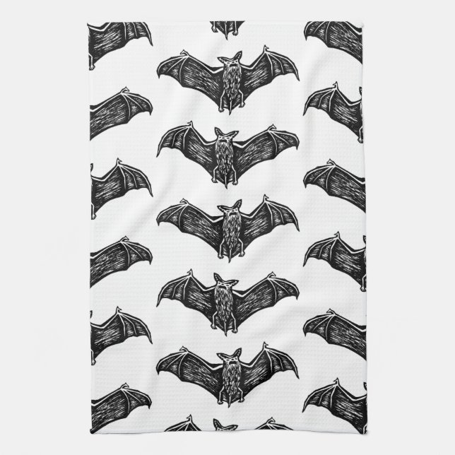Black and White Gothic Bat Pattern Kitchen Towel (Vertical)