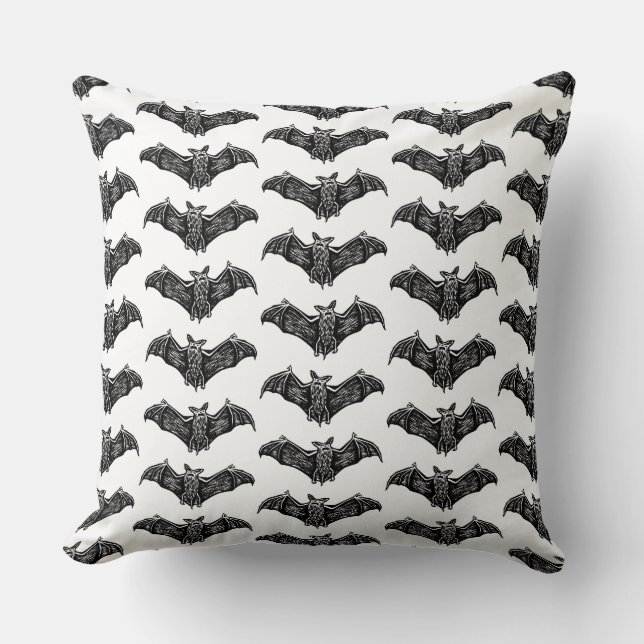 Black and White Gothic Bat Pattern Throw Pillow (Front)