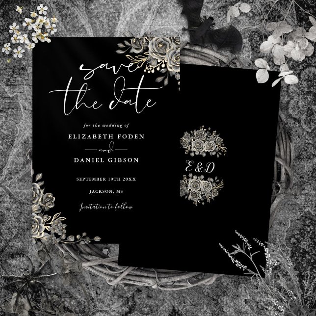 Black And White Gothic Floral Monogram Wedding Save The Date (Black And White Gothic Floral Monogram Wedding Save The Date)