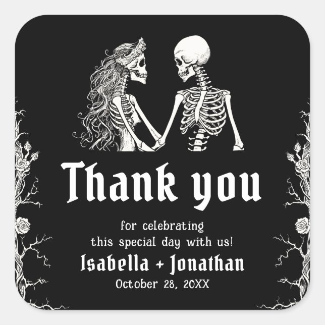 Black and White Gothic Halloween Skeleton Wedding Square Sticker (Front)