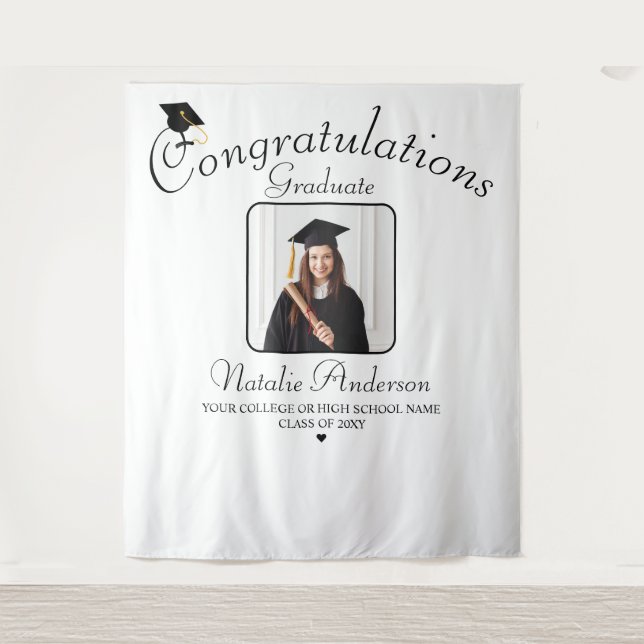 Black and White Graduate Graduation Photo Backdrop Tapestry (Front)