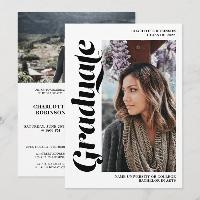 Black and white graduate script 3 photo graduation invitation (Front/Back)