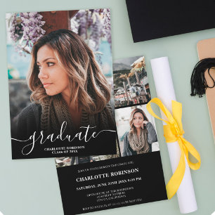 Black and white graduate script photo graduation invitation
