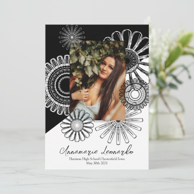 Black and White Graduation Announcement Sunflower  (Standing Front)