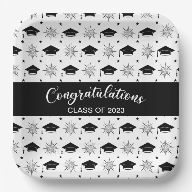 Black and White Graduation Cap Pattern Paper Plate (Front)