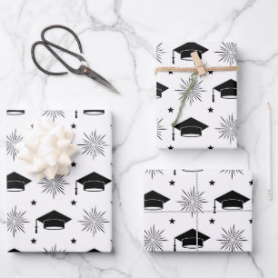 Black and White Graduation Cap Pattern Wrapping Paper Sheet