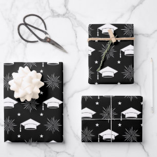 Black and White Graduation Cap Pattern Wrapping Paper Sheet