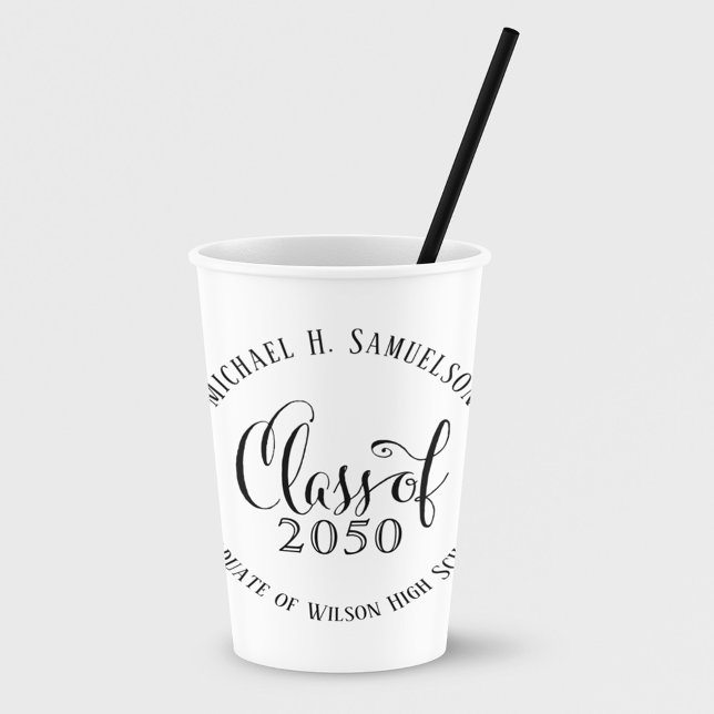 Black and White Graduation Party Custom Paper Cups (Graduation party paper cup with classic calligraphy script.)