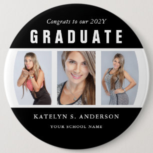 Black and White Graduation Photo Collage 6 Inch Round Button