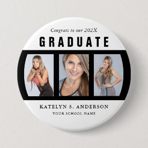 Black and White Graduation Photo Collage Custom 3 Inch Round Button