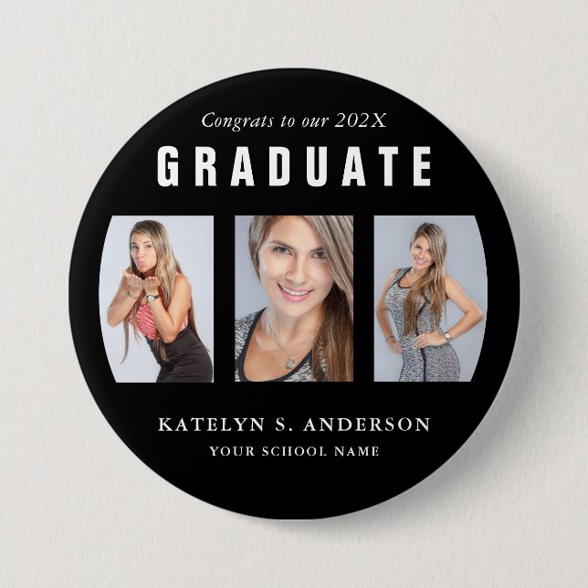 Black and White Graduation Photo Collage Custom Bu 3 Inch Round Button (Front)