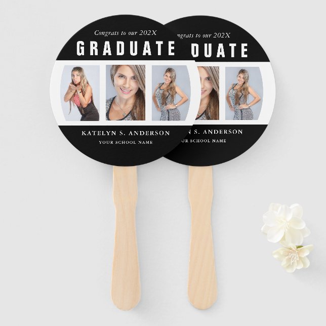 Black and White Graduation Photo Collage Hand Fan (Front and Back)