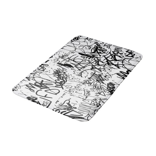Black and White Graffiti Abstract Collage Bath Mat (Angled)