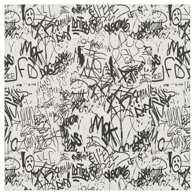 Black and White Graffiti Abstract Collage Fabric (Close Up)