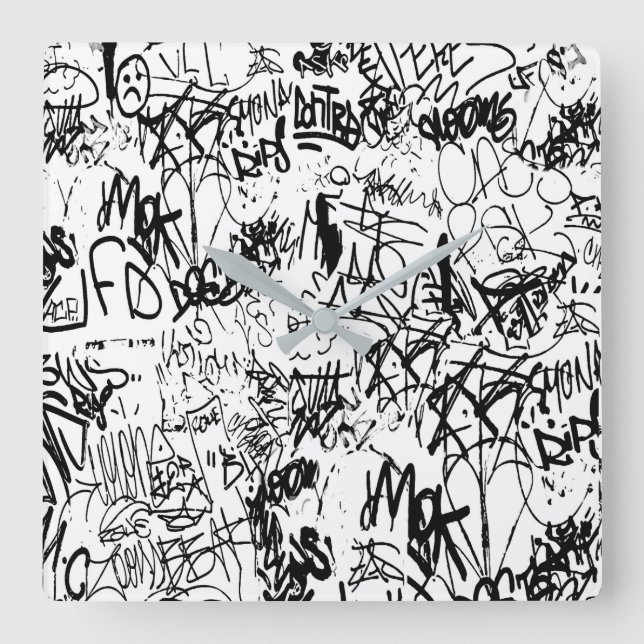 Black and White Graffiti Abstract Collage Square Wall Clock (Front)