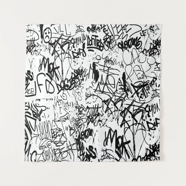 Black and White Graffiti Abstract Collage Tapestry (Front)