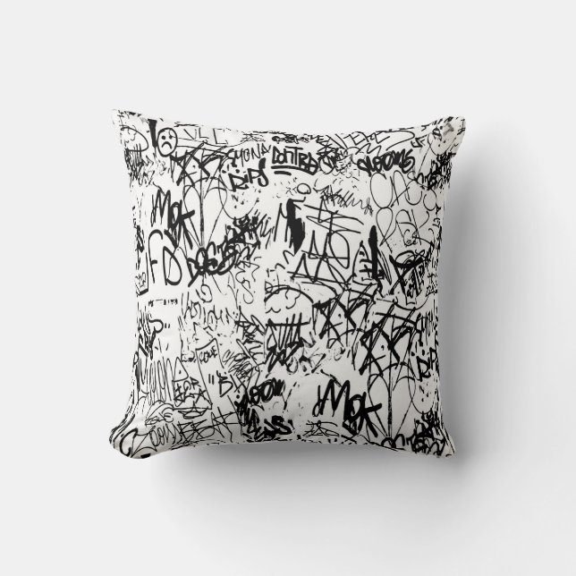 Black and White Graffiti Abstract Collage Throw Pillow (Front)