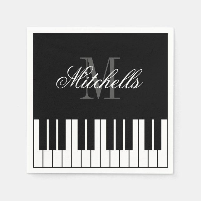 Black and white grand piano keys custom monogram napkin (Front)