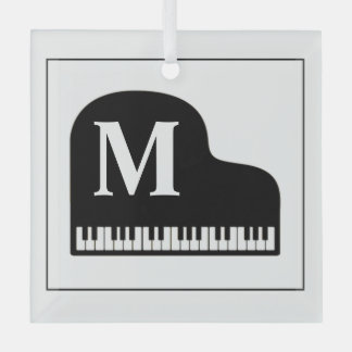 Black and White Grand Piano Monogram Pianist  Glass Ornament