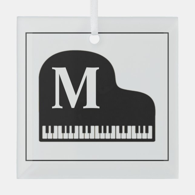 Black and White Grand Piano Monogram Pianist  Glass Ornament (Front)