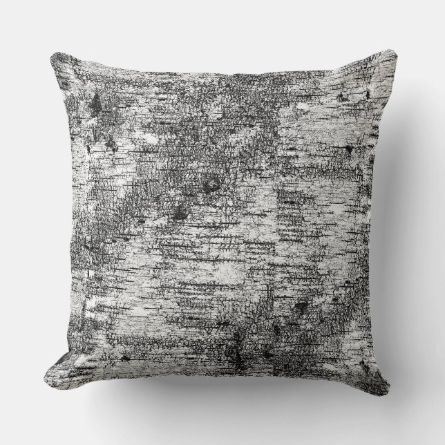Black and White Graphic Birch Tree Bark Rustic Throw Pillow (Front)