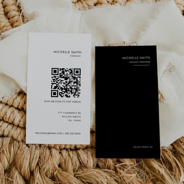 Black and White Graphic Designer Vertical Qr Code Business Card (Creator Uploaded)